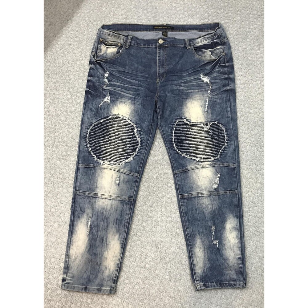 Bleecker & Mercer Jeans Mens 44x32 Blue Tapered Moto Distressed Stretch Denim